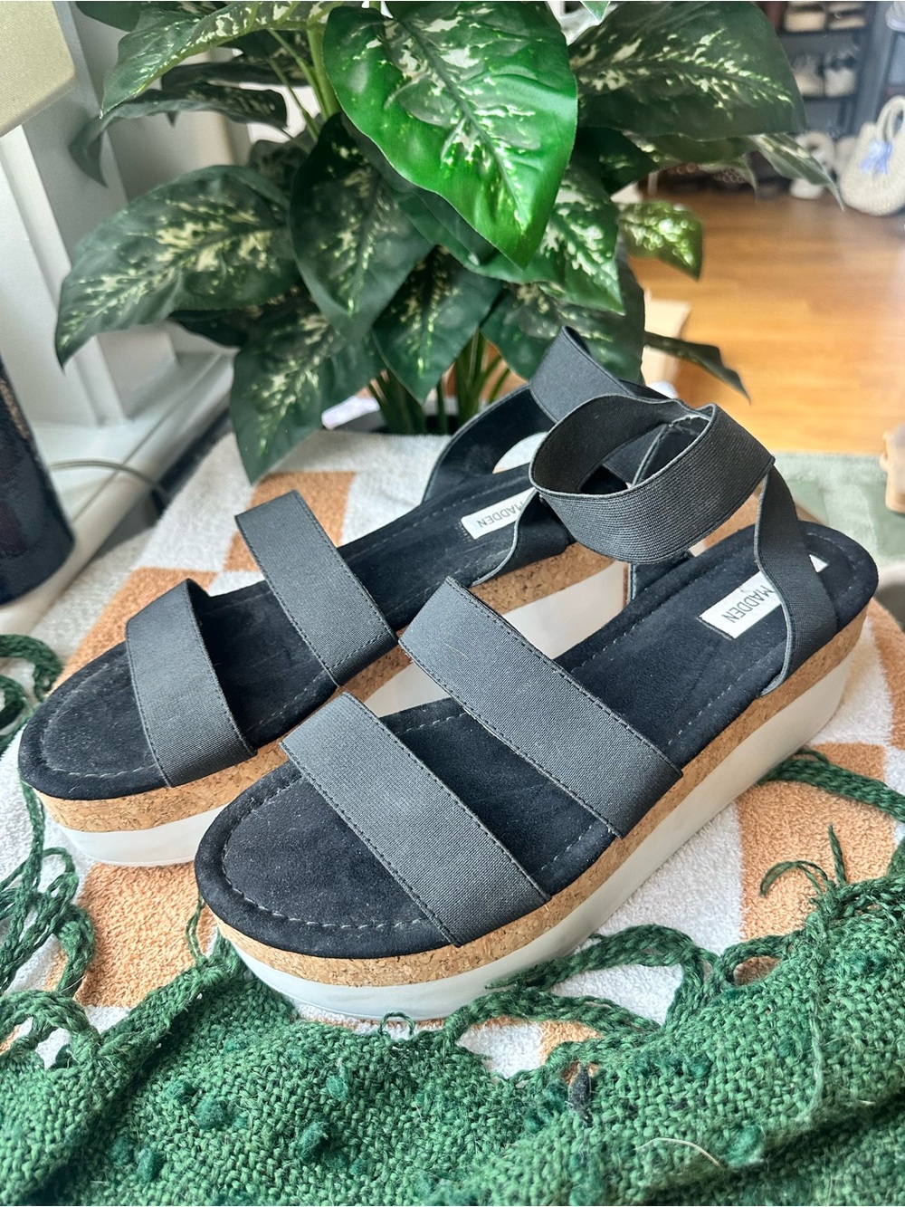 Steve Madden Black Cork-Platform Strappy Sandals